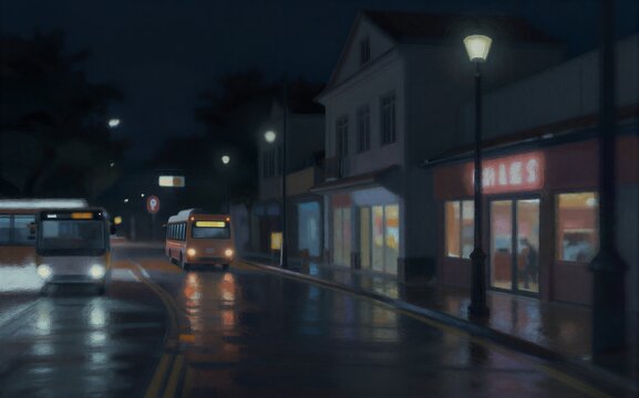 Rainy night city street lone figure walks toward illuminated tower.