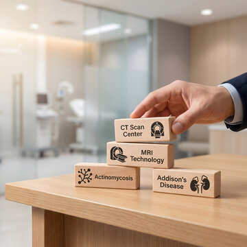 Hand placing wooden blocks with medical terms on table in hospital room transparent background