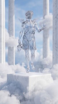 Celestial Olympian Silver Divine Youth Silver Blue Crystal Ganymede Cupbearer Of Zeus Of Olympus Levitating Above Marble Pedestal