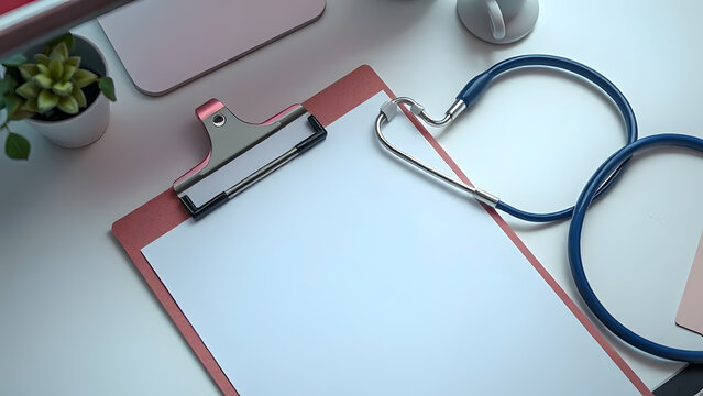 stethoscope clipboard minimal medical desk flat lay, Professional Stock Photo, High Resolution Background
