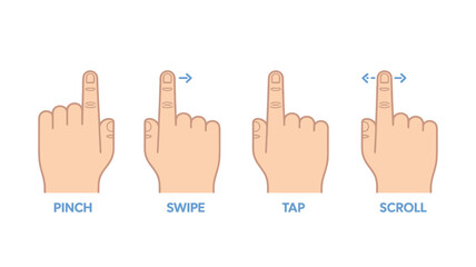 Fototapeta premium Hands demonstrating mobile gestures on white background in flat design for app development
