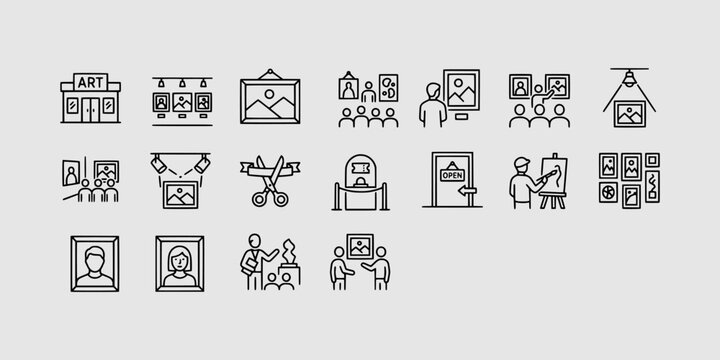 Icon set collection of modern art gallery grand opening events featuring exhibitions, custom framing, and guided public tours.
