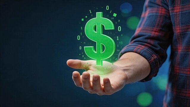 Hand holding glowing green digital dollar sign with binary code, representing fintech, cryptocurrency, and online banking concept for financial growth