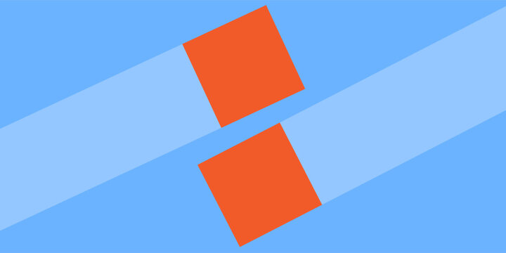 Hand in a yellow rubber glove with a pink cleaning sponge leaves a stripe on a blue background with a copy space modern