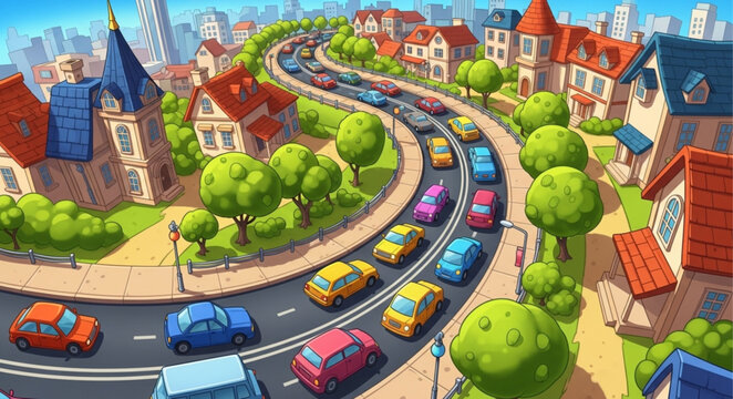 Cartoon City Traffic Jam with Colorful Cars and Buildings.