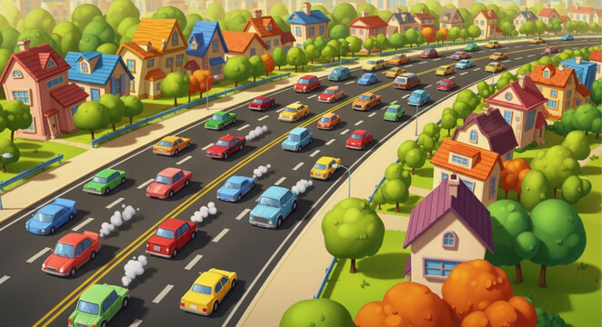 Cartoon cars stuck in traffic jam on a sunny day.