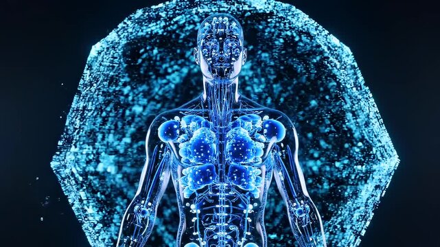 Seethrough humanoid with dna structures. Transparent human surrounded by spirals and dna strands. Visibly transparent humanoid encircled by molecular and dna patterns emphasizing chest