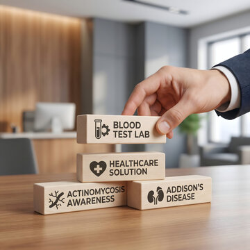 Hand placing wooden blocks with healthcare terms on office desk transparent background