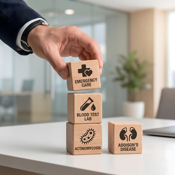Hand placing wooden blocks with medical icons on office desk demonstrating healthcare services transparent background