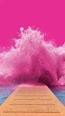 Fototapeta premium Vibrant Pink Wave Crashing on Sunlit Pier under Clear Sky