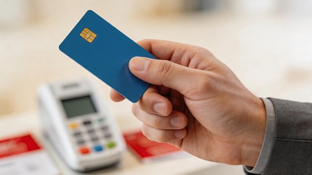 Close-up of hand holding blue credit card for contactless payment, secure transaction with chip technology, financial concept, modern banking service, shopping and online