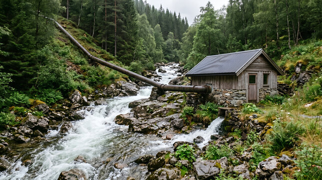 Rural micro-hydro powerhouse with penstock pipe and stream flow. Ideal for clean energy, village electrification, hydropower, and ESG projects.
