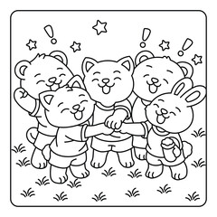 Fototapeta premium A group of cute cartoon animals holding hands and smiling together