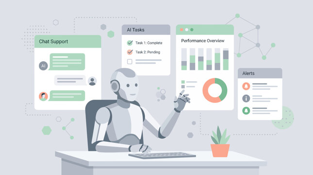 Artificial intelligence robot working at desk with data and charts.