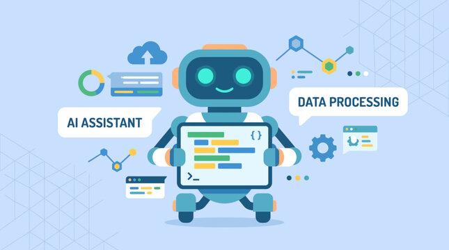 Cute blue robot character holding a tablet with code on its screen, illustrating AI assistant and data processing concepts.