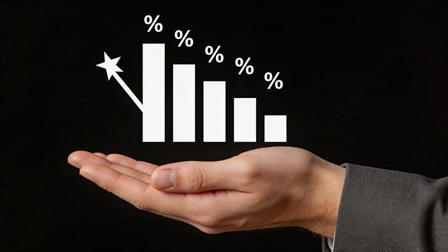 Hand holding decreasing bar chart with percentage signs and downward arrow, illustrating financial loss, budget cuts, declining sales, or economic recession and negative business