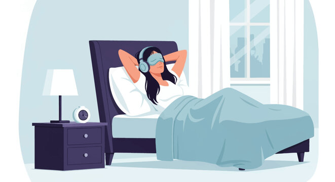 Vector illustration of a woman relaxing in bed wearing a sleep mask and headphones, lying on a white pillow under a blue blanket near a nightstand with a lamp and an alarm clock.