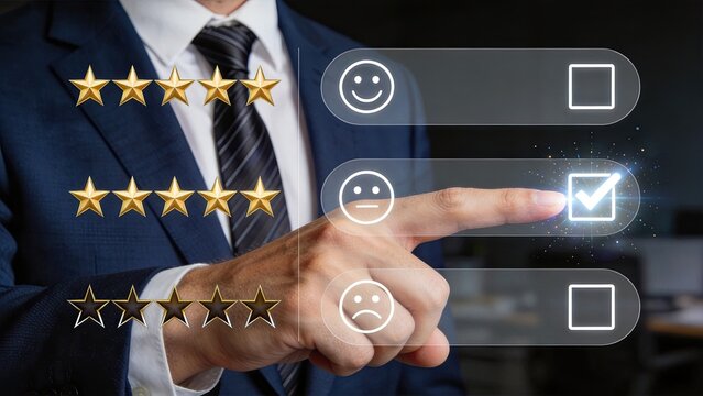 Businessman hand selecting positive rating on futuristic digital interface, customer satisfaction survey concept, five stars review, feedback form, user experience evaluation