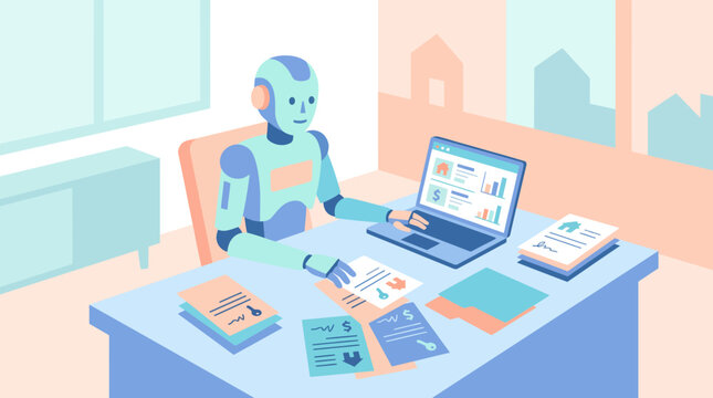 Robot accountant working on financial documents and laptop at office desk.