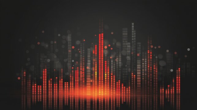 Abstract sound wave visualization with vibrant red and orange peaks against a black background showcasing digital audio spectrum analysis and graphic equalizer elements