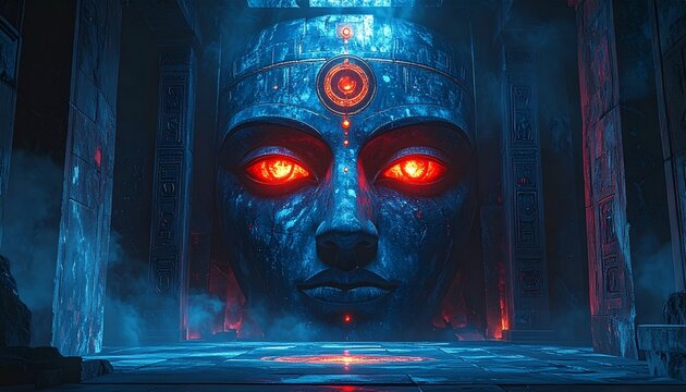 Eerie blue face with glowing red eyes emerges from darkness in a sci-fi environment, creating a mysterious and haunting atmosphere