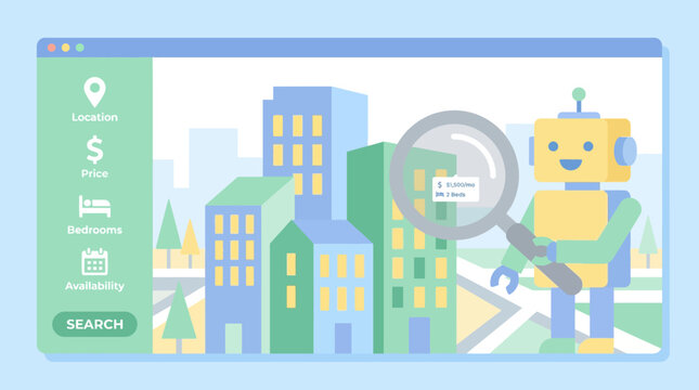 Robot searching for buildings on a digital map interface.