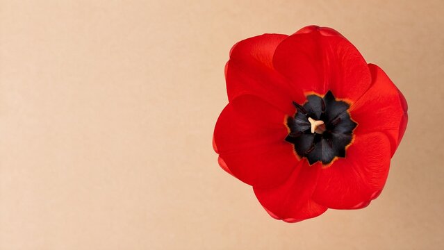 A single vibrant red tulip in full bloom against a beige background, symbolizing celebration.