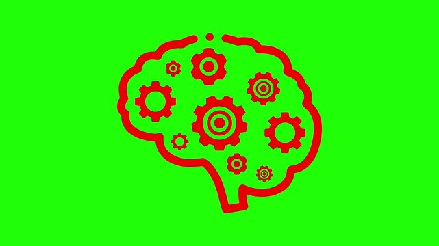 Red brain icon animation with rotating gears symbol on green background for mental processing