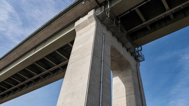 Massive bridge pillar supporting elevated roadway with architectural detail in daylight.