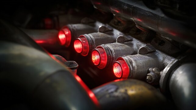 manifold. Extreme close-up of vintage racing engine manifold with glowing exhaust pipes. product launch decks, UI/UX mockups, designed for product launches and innovation pitches.