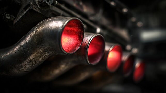 manifold. Extreme close-up of vintage racing engine manifold with glowing exhaust pipes. product launch decks, UI/UX mockups, designed for product launches and innovation pitches.