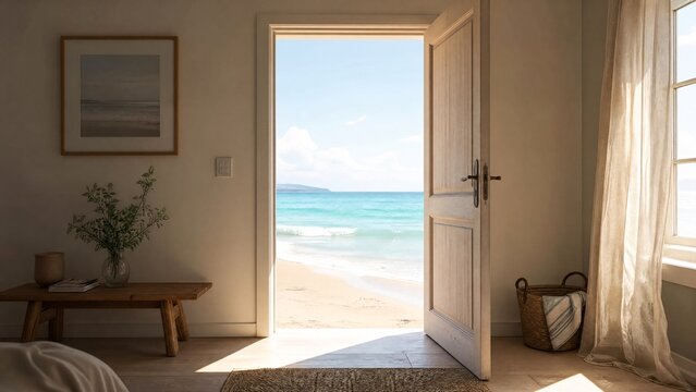 Interior door opening onto a bright, serene beach with calm waves.