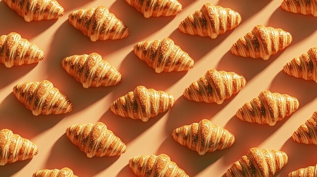 Golden baked croissants arranged in repeating pattern on warm light peach background with soft long shadows showing delicious flaky french breakfast pastry