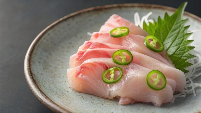 A ceramic plate with fresh sashimi slices, garnished with green chili rings, minimalist presentation.