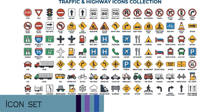 Print Public Transportation and Map Navigation Icons Pack - Colorful Vector Symbols for Urban Logistics Transit Routing and Travel Time