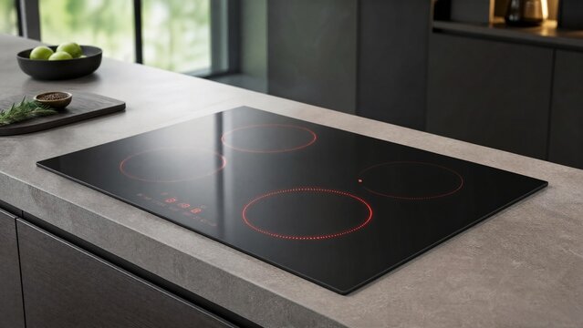 Modern induction cooktop with glowing surface in minimalist kitchen.
