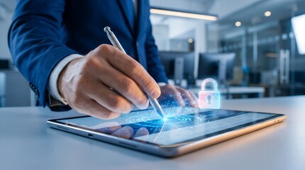 Naklejka premium Data Security Cyber Protect Business Tablet Signing Concept