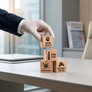 Medical professional stacking wooden blocks labeled brain health spine care actinomycosis addisons disease transparent background