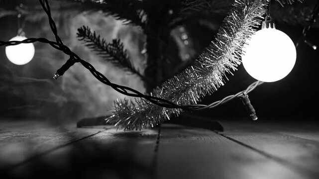 Black and white close up of a Christmas tree with glowing lights and smoke creating a mysterious atmosphere