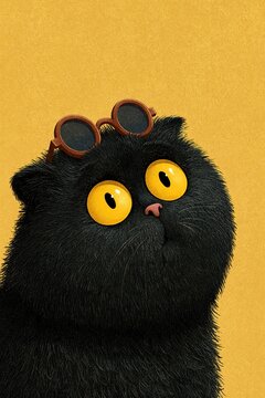Cute cartoon illustration of fluffy black cat with big bright yellow eyes and small round sunglasses sitting on head against solid yellow background