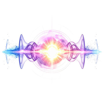 Abstract Glowing Energy Wave and Sound Frequency Visualization with Central Light Burst on White Background