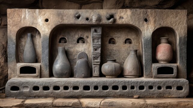 Ancient clay vessels and artifacts displayed on stone shelf showcasing historical craftsmanship and cultural significance from ancient civilizations