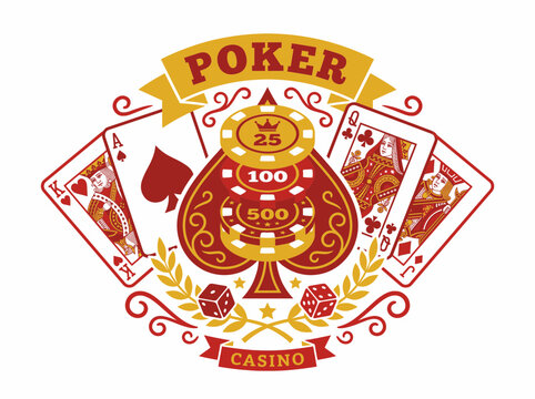 Poker casino emblem with playing cards, chips and dice