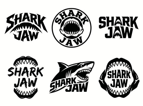 Set of shark jaw logos with aggressive teeth and typography