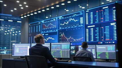 Fototapeta premium Bustling trading room with professionals analyzing financial data on multiple screens, showcasing dynamic nature of digital finance
