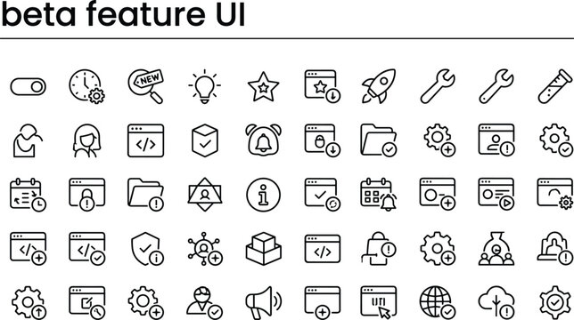 Beta feature user interface line icon set with development testing release symbols for apps websites dashboards and software updates