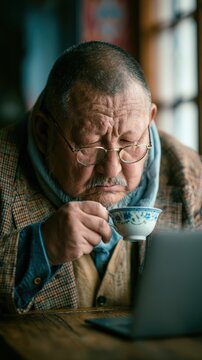 Central Asian tech entrepreneur sitting at a wooden table in a modern cafe holding a green tea piala with an open laptop.