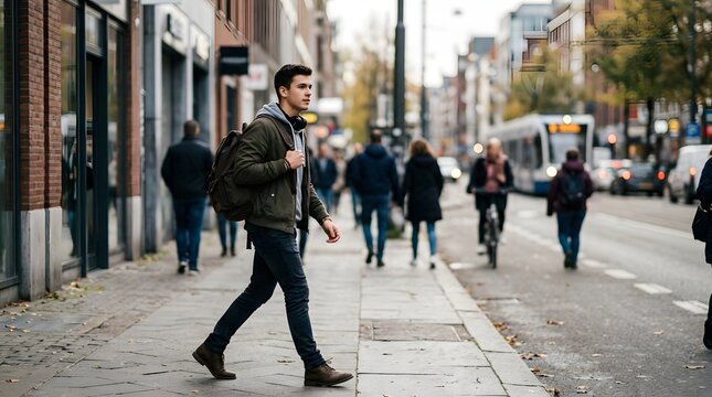 Man crossing street in urban setting with backpack.