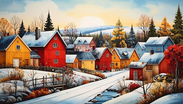 Snowy village with colorful houses trees.