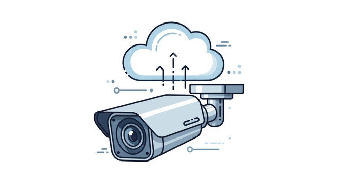 Security surveillance camera uploading video footage to cloud storage system.